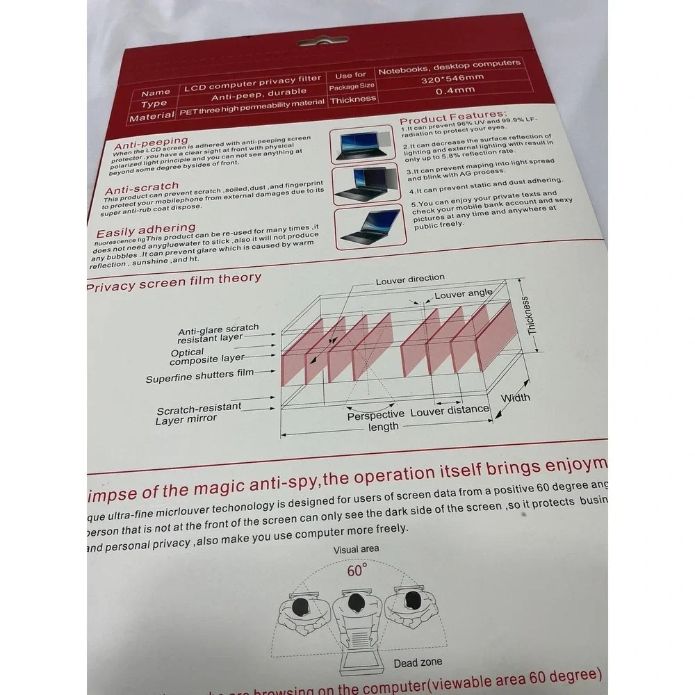Laptop Privacy Screen Protector‎ Anti Spy Anti Scratch Notebook Filter 320x546mm